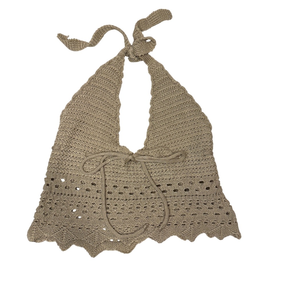 Crochet Halter Top S Beige Knit Scalloped Hem Pointelle Festival Boho Coastal